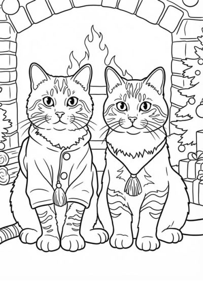 Zwei süße Katzen vor dem Kamin mit Weihnachtsbaum als Malvorlage.