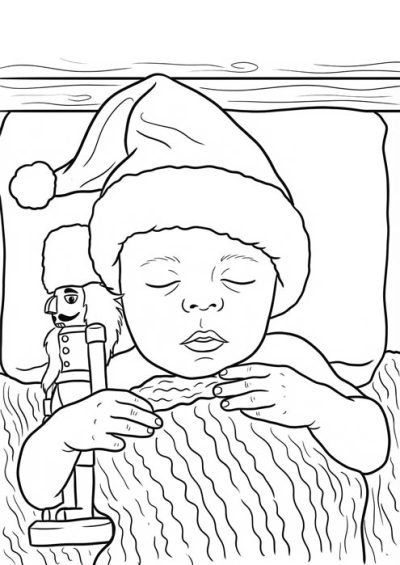 Schlafendes Baby mit Weihnachtsmütze und Nussknacker-Spielzeug im Bett.