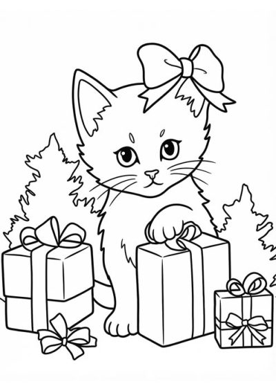 Niedliches Kätzchen mit Schleife sitzt zwischen vielen Weihnachtsgeschenken.