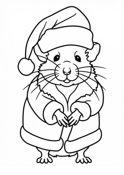 Niedliche Maus mit Weihnachtsmütze und Mantel als einfache Malvorlage.