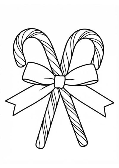 Zwei gekreuzte Zuckerstangen mit einer großen Schleife als einfache Malvorlage.