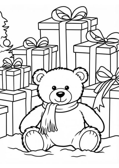 Niedlicher Teddybär mit Schal vor einem Berg Weihnachtsgeschenke als Malvorlage