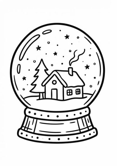 Schneekugel mit kleinem Haus, Tannenbaum und Sternen als Malvorlage.