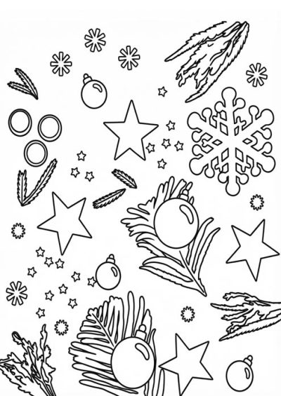Muster mit Sternen, Schneeflocken, Tannenzweigen und Kugeln als Malvorlage.