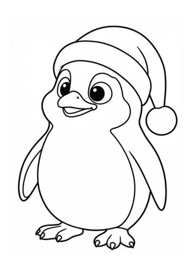 Niedlicher Pinguin mit großer Weihnachtsmütze als einfache Malvorlage