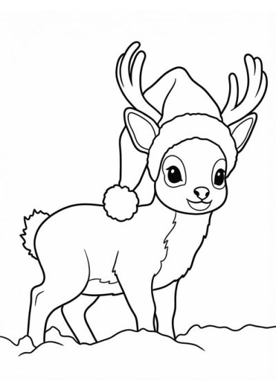 Niedliches Rentier mit großer Weihnachtsmütze im Schnee als einfache Malvorlage