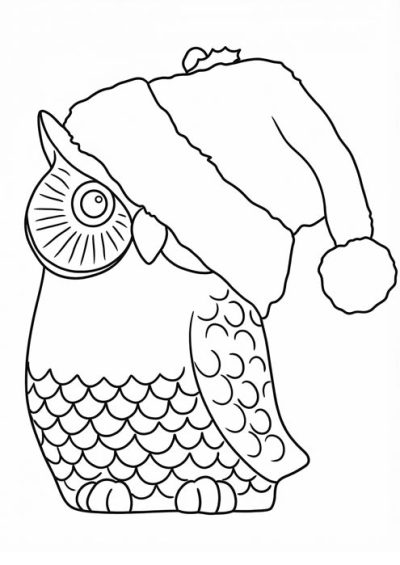 Niedliche Eule mit großer Weihnachtsmütze als einfache Malvorlage.