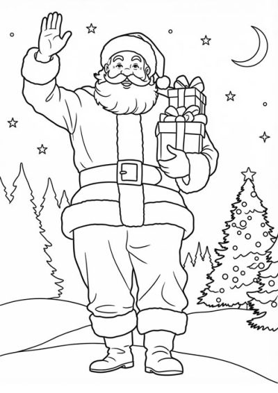 Winkender Weihnachtsmann mit Geschenken in verschneiter Winterlandschaft als Malvorlage.