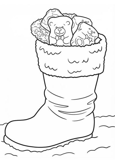 Gefüllter Nikolausstiefel mit Teddybär und Süßigkeiten als einfache Malvorlage.