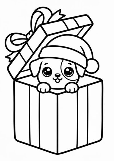 Niedlicher Welpe mit Weihnachtsmütze in einer Geschenkbox als Malvorlage
