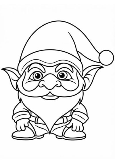 Lustiger Weihnachtself mit Zipfelmütze und Bart als einfache Malvorlage