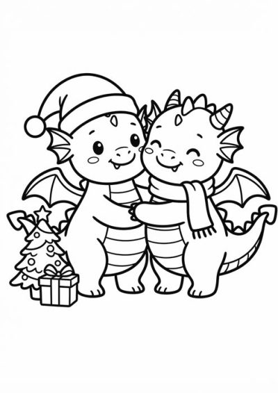 Zwei niedliche Drachen umarmen sich vor einem Weihnachtsbaum als Malvorlage