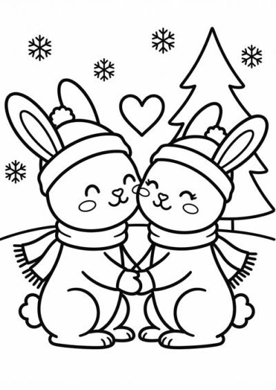 Zwei verliebte Hasen mit Mütze und Schal halten Händchen.